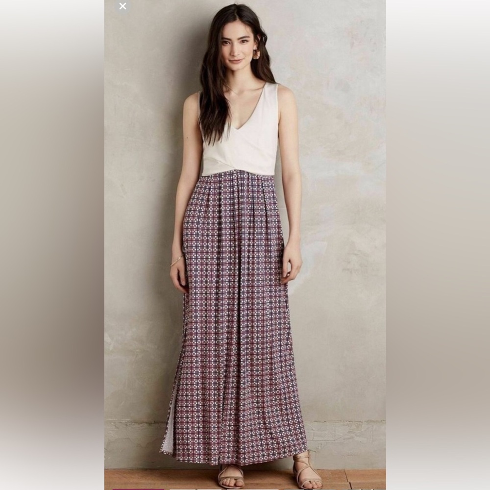 Maeve Anthropologie White and Pink Geometric Maxi Dress size small